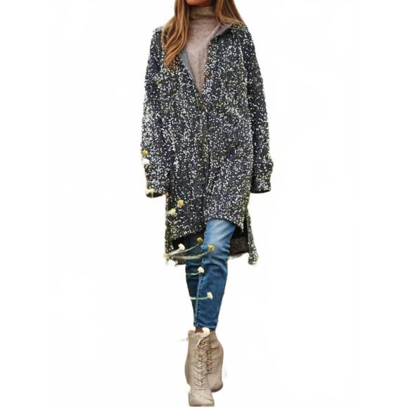 NEW DAVI & DANI sequins and velvet button down shirt dress in silver gray - Picture 1 of 4